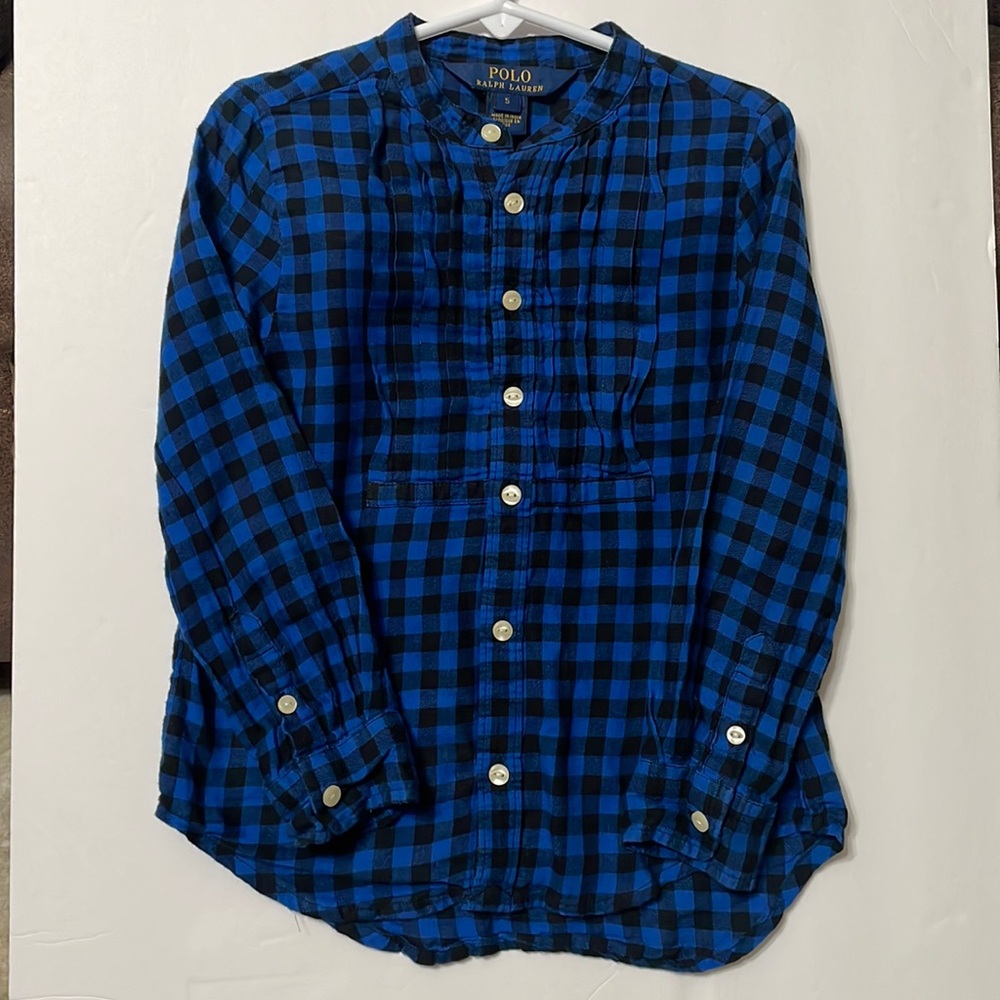 Polo Ralph Lauren Girls' Twill Plaid Pin Tucked Front Shirt long sleeve sz 5